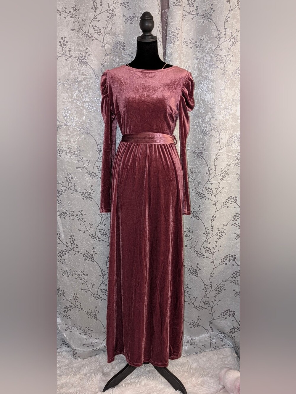 ✨ ZESICA Mauve Rose Velvet Long Sleeve Maxi Dress Puff Shoulder NWT Small S ✨